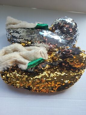 Gold Sequin Women's Slippers with Cream Faux Fur Trim